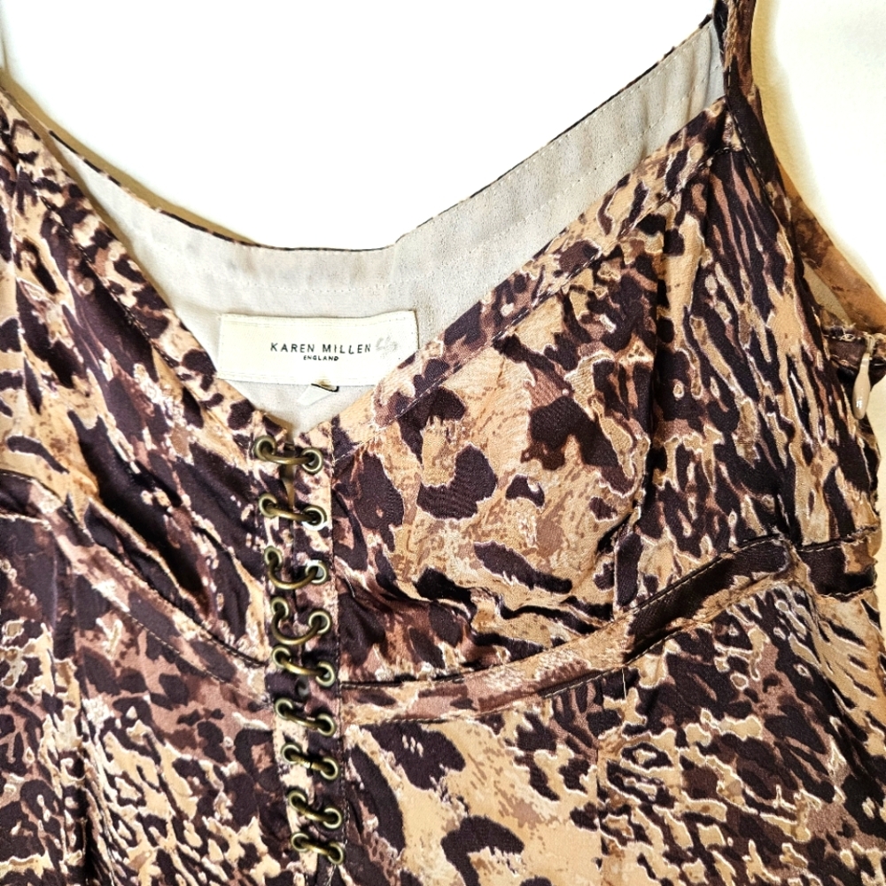 Y2K Karen Millen Silk Slip Midi Dress Sz 8 Animal Print Embellished Eyelets boho - Picture 5 of 15